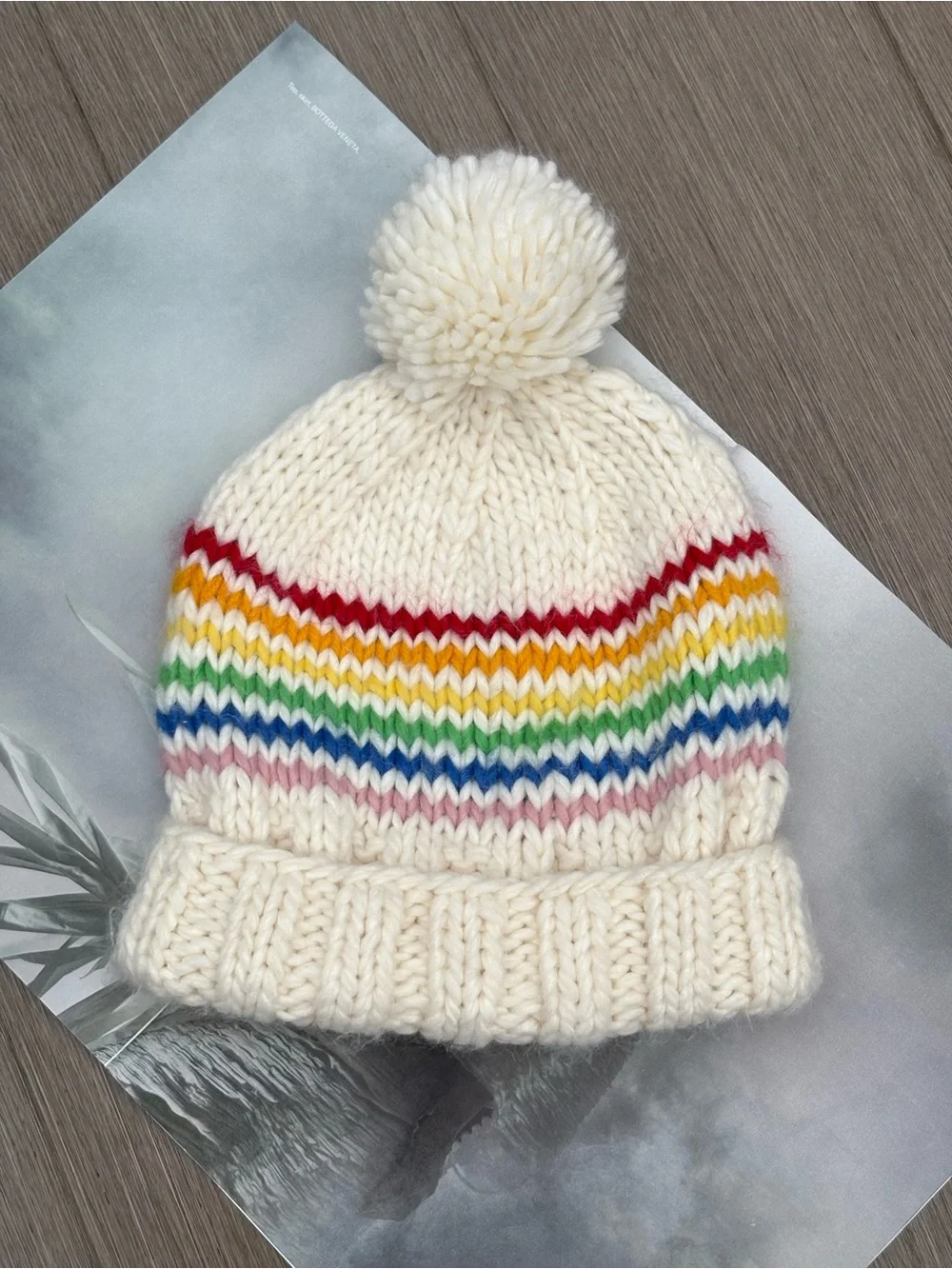 The Blueberry Hill Rainbow Stripe Beanie Hat Pom-Pom In Cream Size M